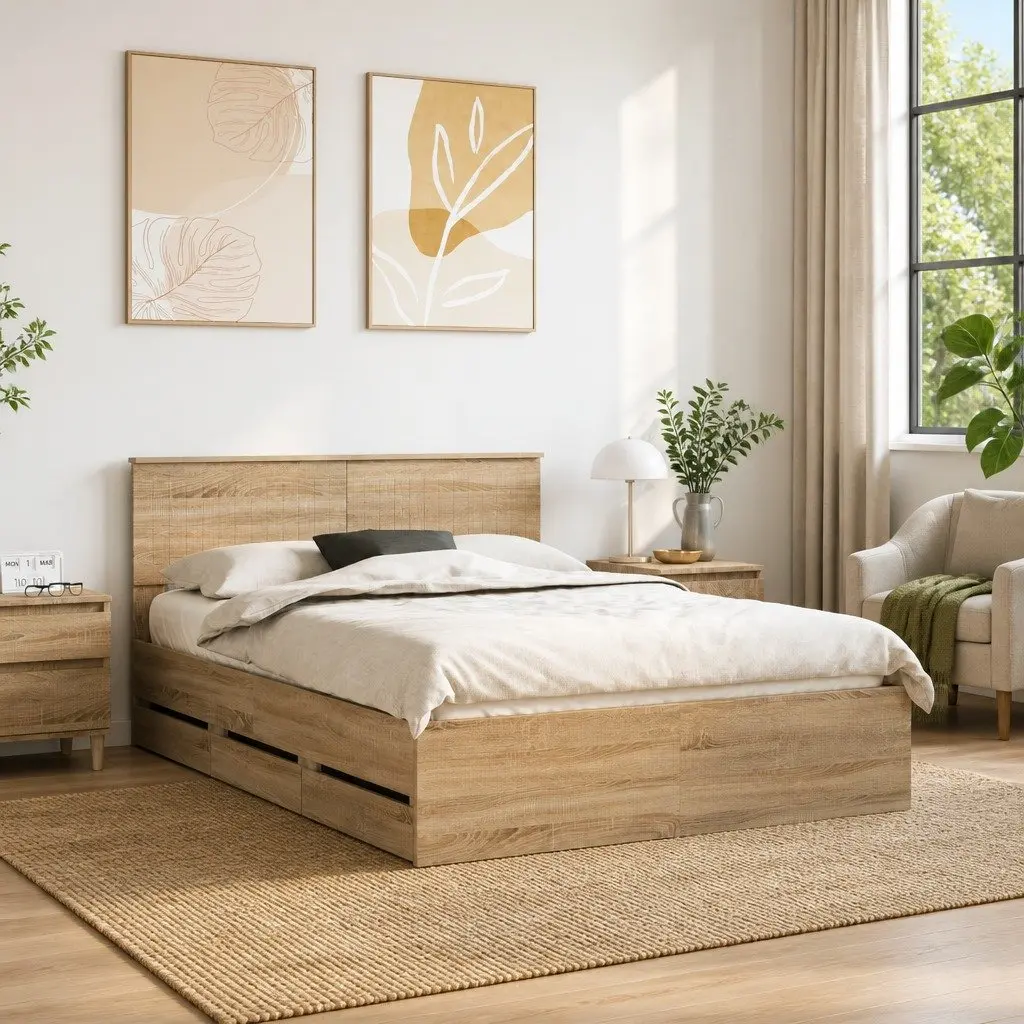 Sonoma Oak Bed Frame with Storage Drawer 135 x 190 cm
