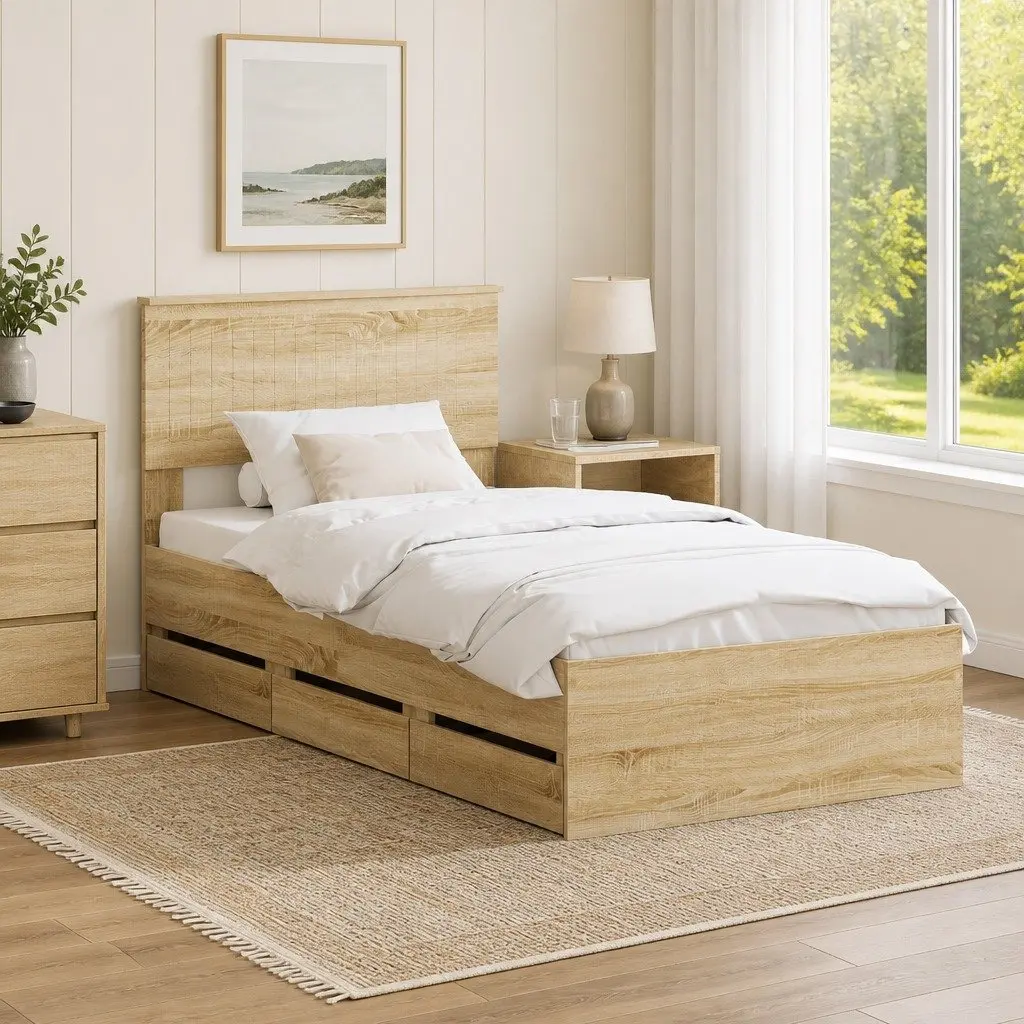 Brown Bed Frame with Storage Drawer 90 x 190 cm