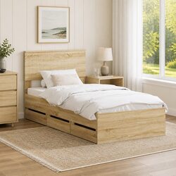 Brown Bed Frame with Storage Drawer 90 x 190 cm