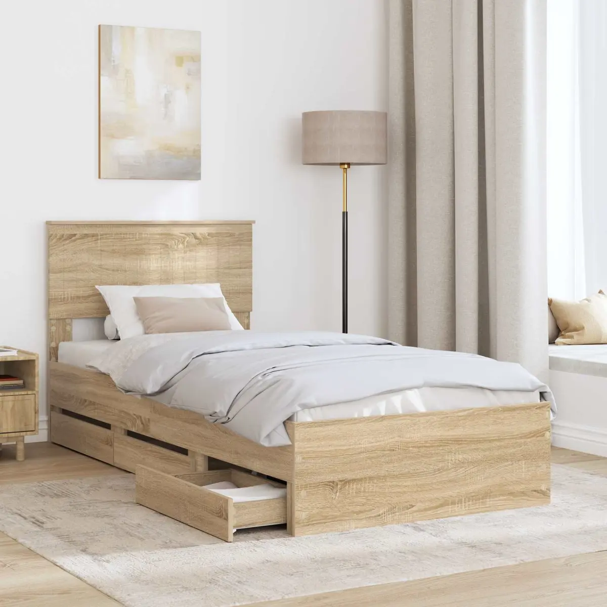 Brown Bed Frame with Storage Drawer 90 x 190 cm