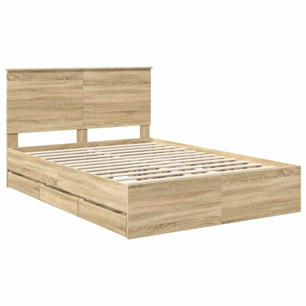 Bed Frame Sonoma Oak 135 x 190 cm Engineered Wood Platform with Drawer Storage