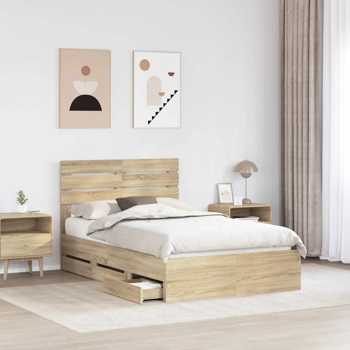 Bed Frame with Storage Drawer Sonoma Oak 135 x 190 cm Engineered Wood Modern