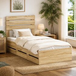 Stylish Brown Engineered Wood Bed Frame with Drawer