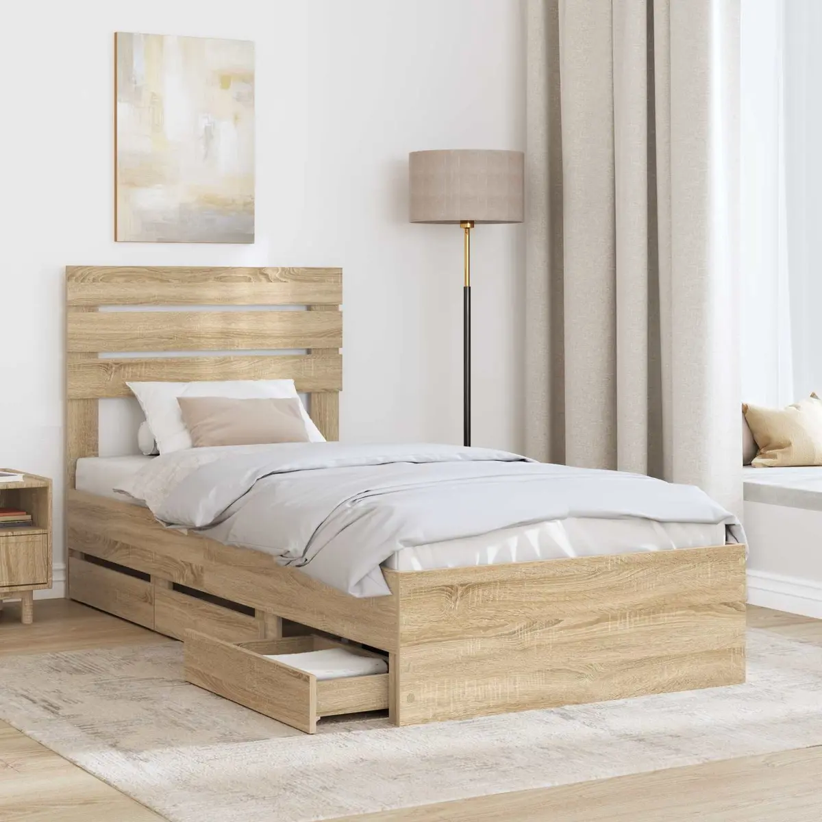 Brown Engineered Wood Bed Frame with Drawer