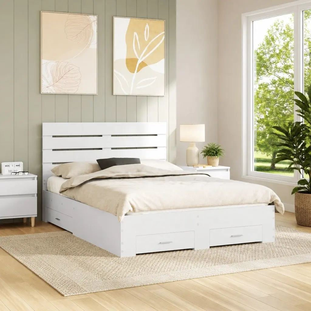 White Bed Frame with Integrated Storage Drawers