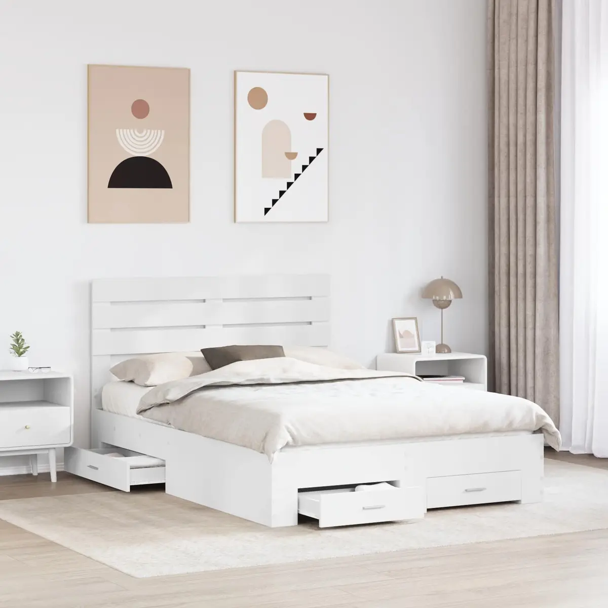 White Bed Frame with Integrated Storage Drawers