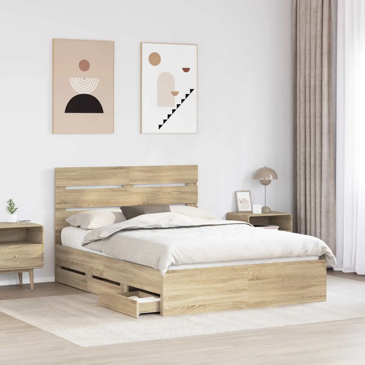 Bed Frame with Drawer Storage Sonoma Oak 150 x 200 cm Modern Bedroom Furniture