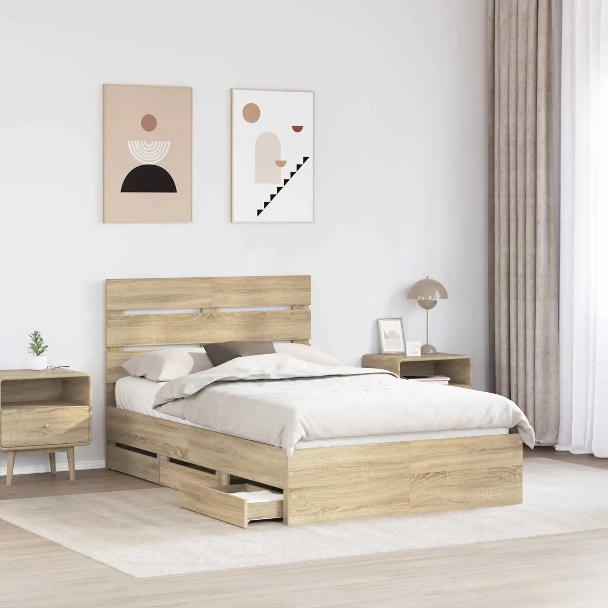 Brown Engineered Wood Bed Frame with Drawer 135 x 190 cm