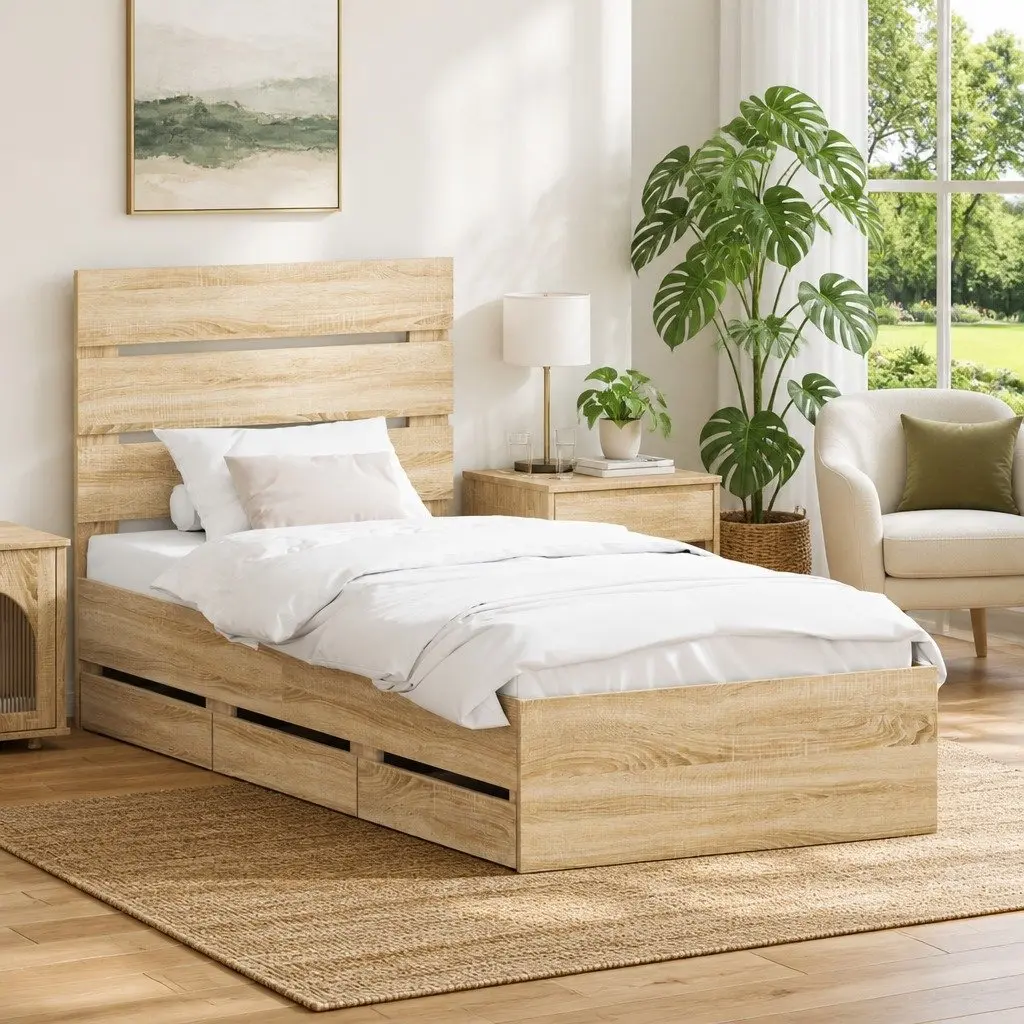 Sonoma Oak Bed Frame with Drawer Storage 90 x 190 cm