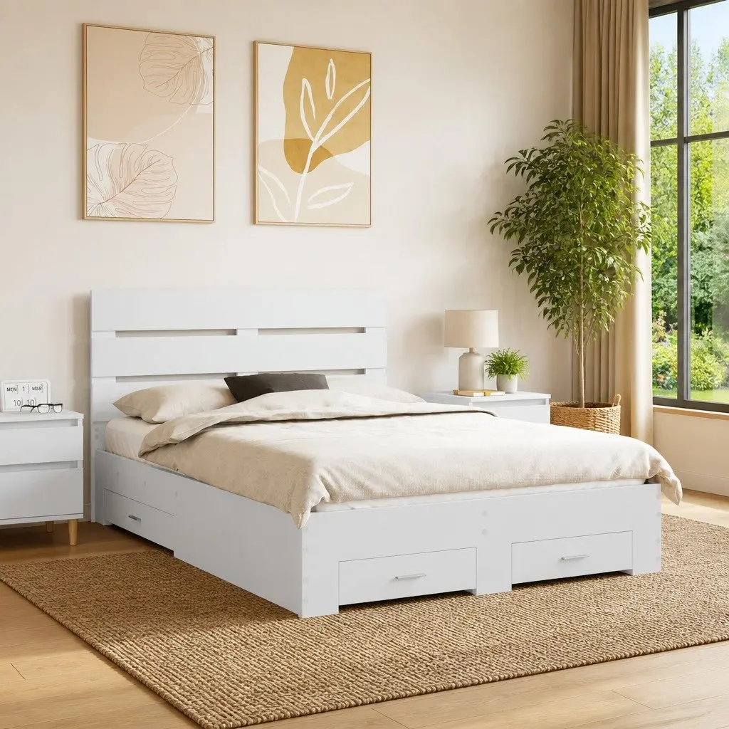 White Bed Frame with Storage Drawers 150x200cm