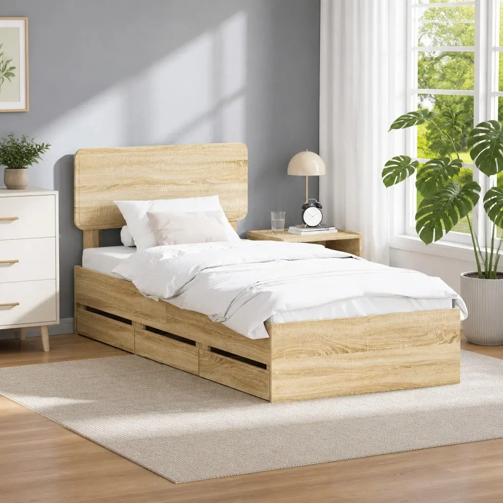 Bed Frame with Storage Drawers Brown 90x190cm Engineered Wood Slatted Base