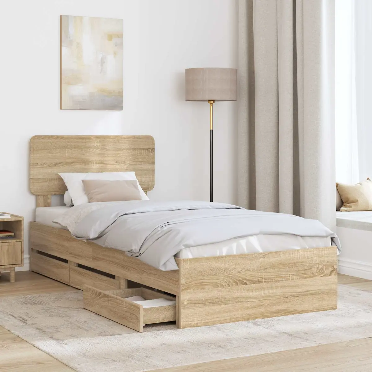 Bed Frame with Storage Drawers Brown 90x190cm Engineered Wood Slatted Base