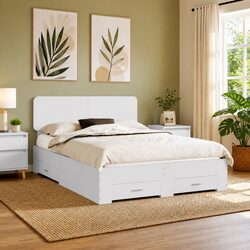 White Bed Frame with Headboard and Storage Drawers