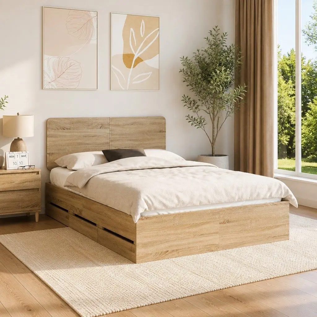 Bed Frame with Drawer Sonoma Oak 150 x 200 cm Engineered Wood Modern Design