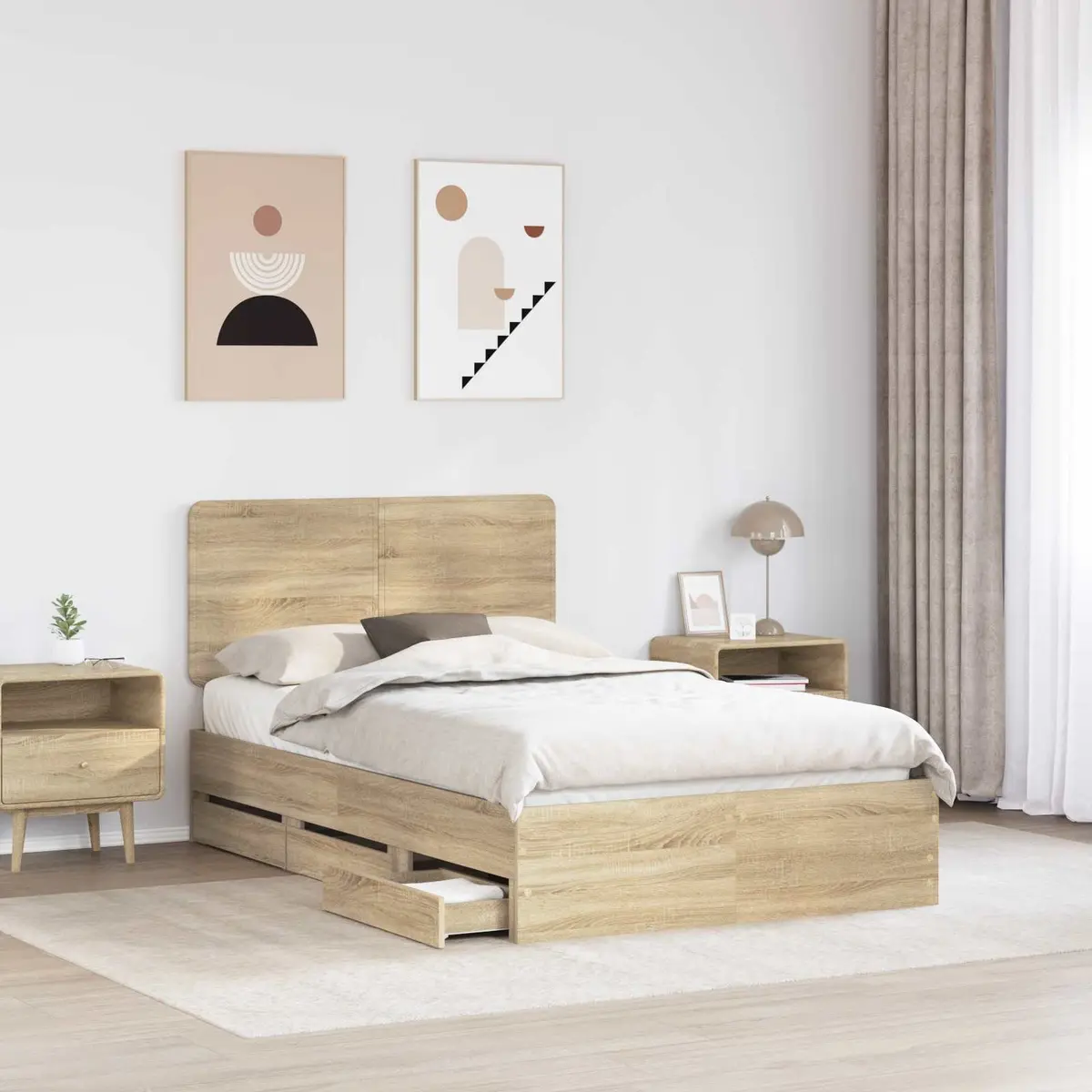 Bed Frame Sonoma Oak 135 x 190 cm Engineered Wood with Drawer Storage