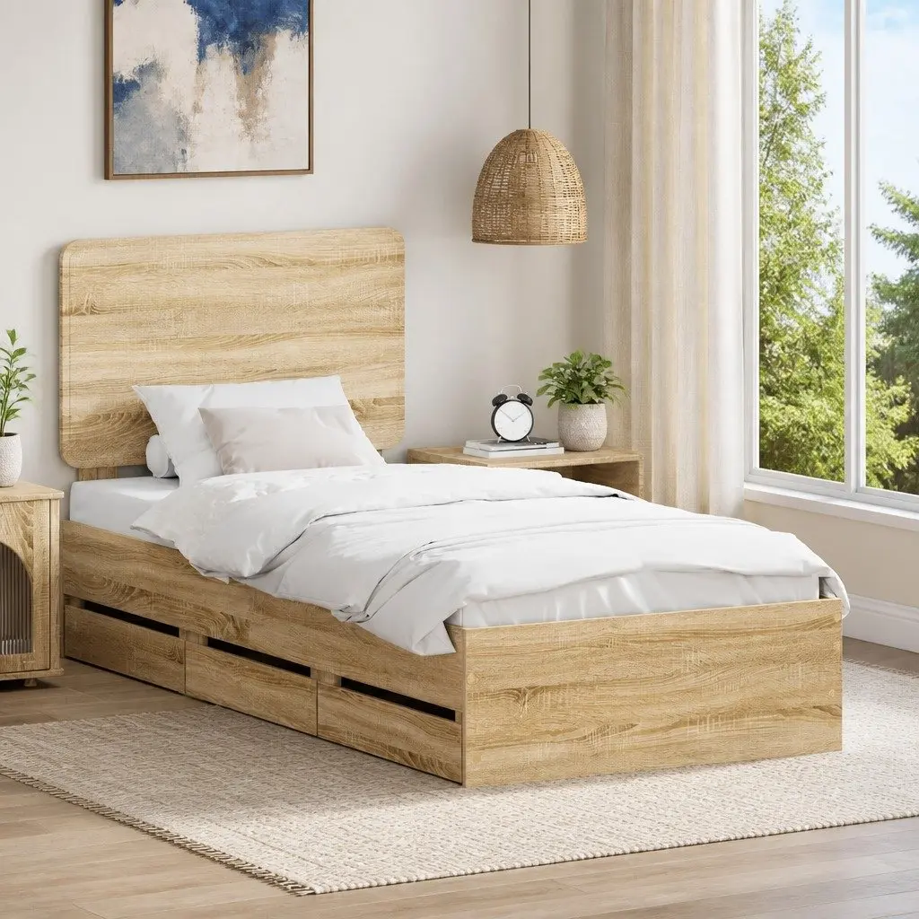Brown Bed Frame with Hidden Drawer Storage