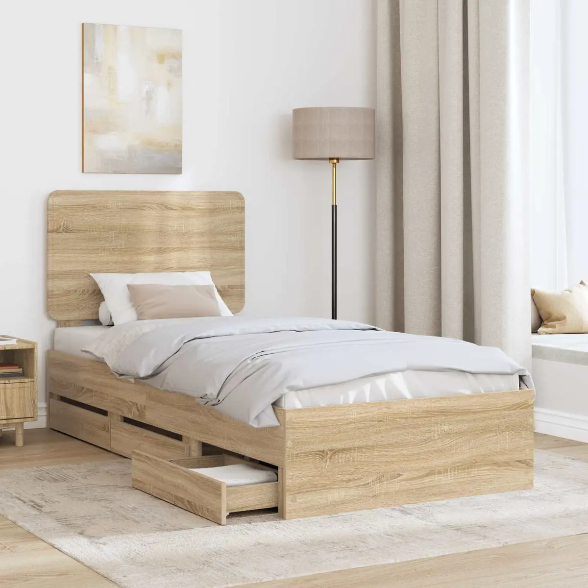 Brown Bed Frame with Hidden Drawer Storage