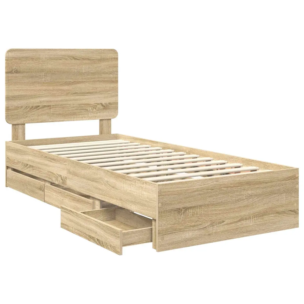 Brown Bed Frame with Hidden Drawer Storage