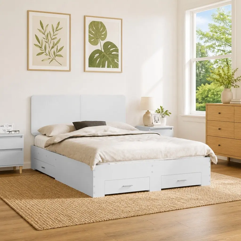 White Bed Frame with Headboard Storage Drawers 150 x 200 cm Engineered Wood