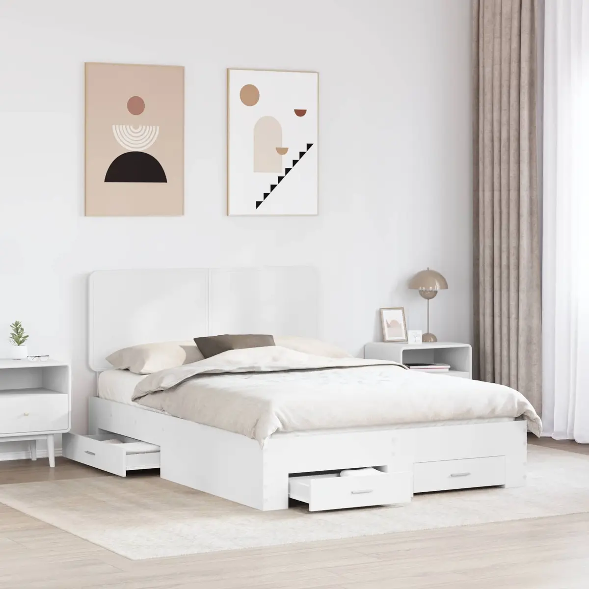 White Bed Frame with Headboard Storage Drawers 150 x 200 cm Engineered Wood
