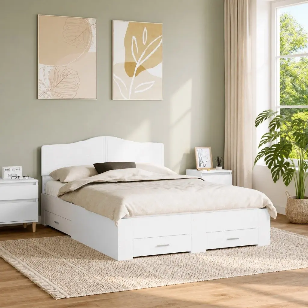 White Bed Frame with Headboard and Drawers