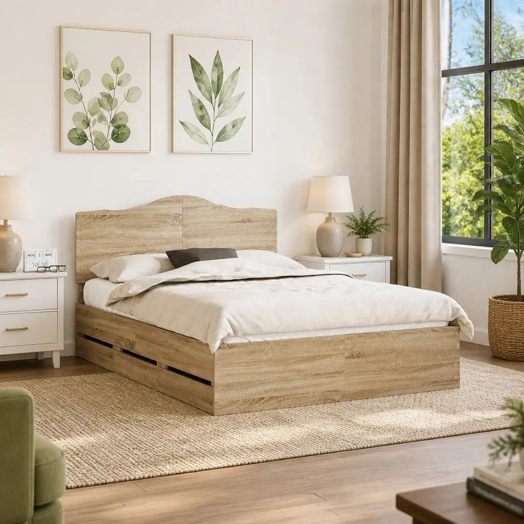 Bed Frame with Integrated Storage Drawers 150 x 200 cm