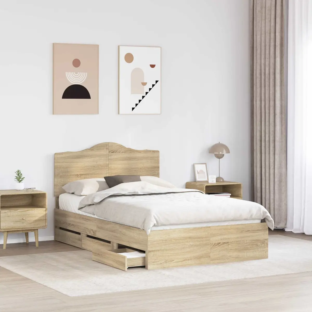 Bed Frame Sonoma Oak 135 x 190 cm Engineered Wood Modern with Storage Drawer