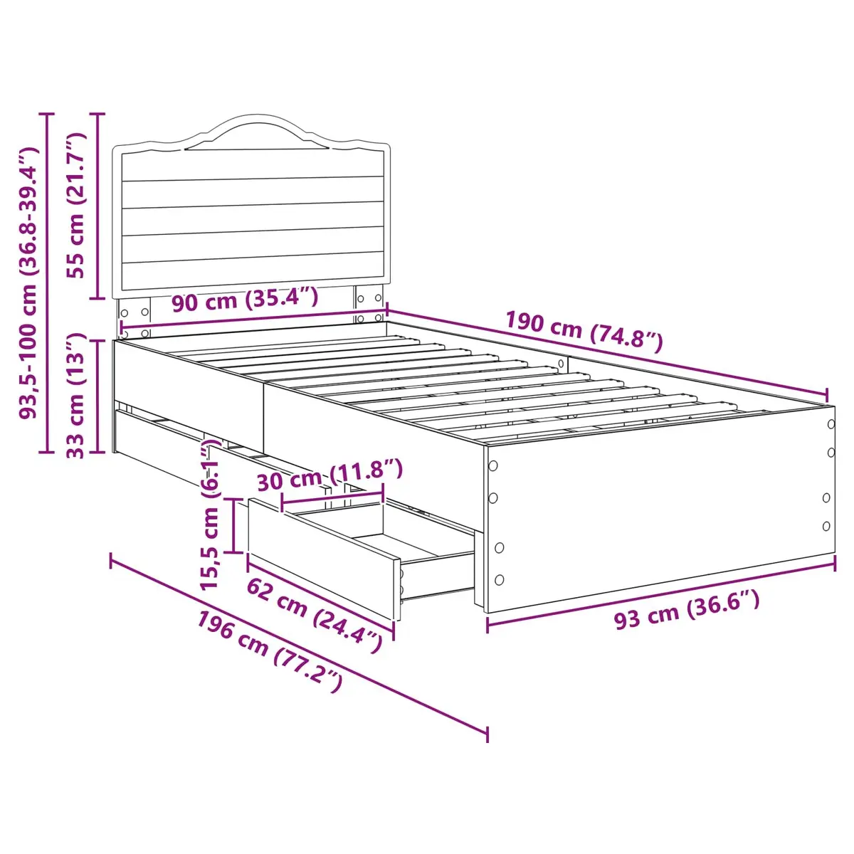 Bed Frame with Integrated Storage Drawer 90 x 190 cm