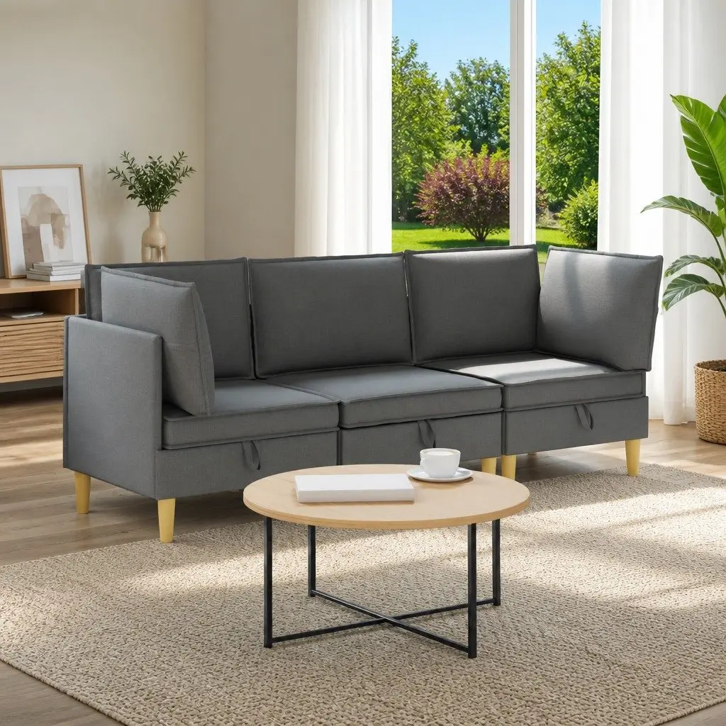 Modular Sofa Set Grey Fabric 3-Piece Storage Living Room Couch