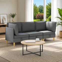 3-Piece Modular Sofa Set with Storage in Grey Fabric
