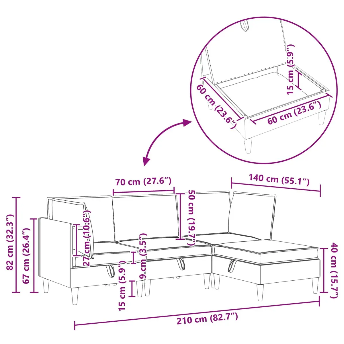 Modular Sofa Set Grey Fabric 3-Piece Storage Living Room Couch