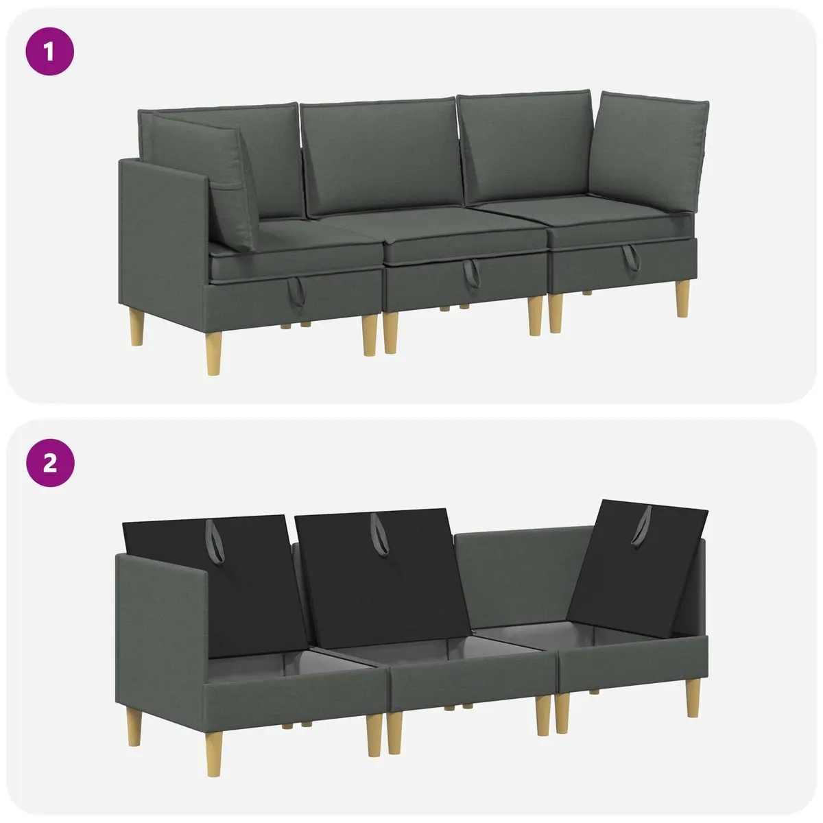 Modular Sofa Set Grey Fabric 3-Piece Storage Living Room Couch
