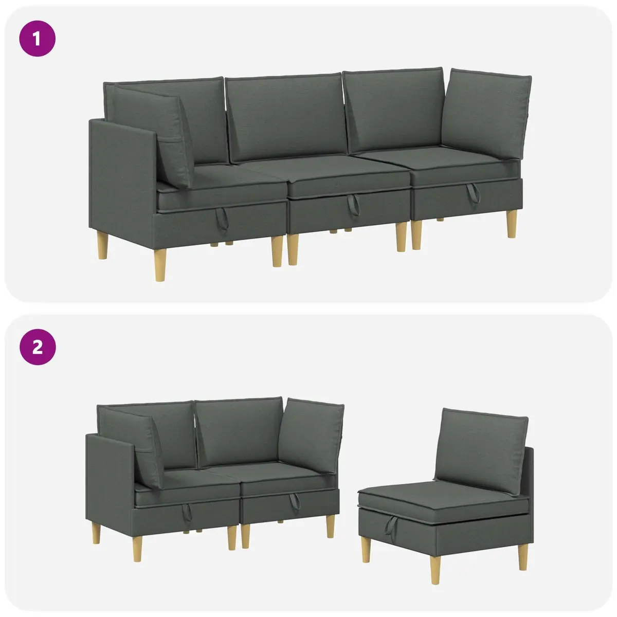 Modular Sofa Set Grey Fabric 3-Piece Storage Living Room Couch