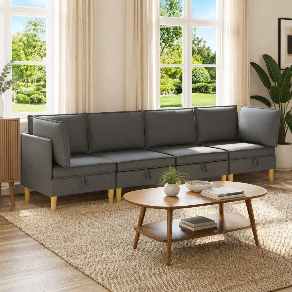 Modular Sofa Set 4 pcs Grey Fabric Storage Living Room Couch Contemporary Design
