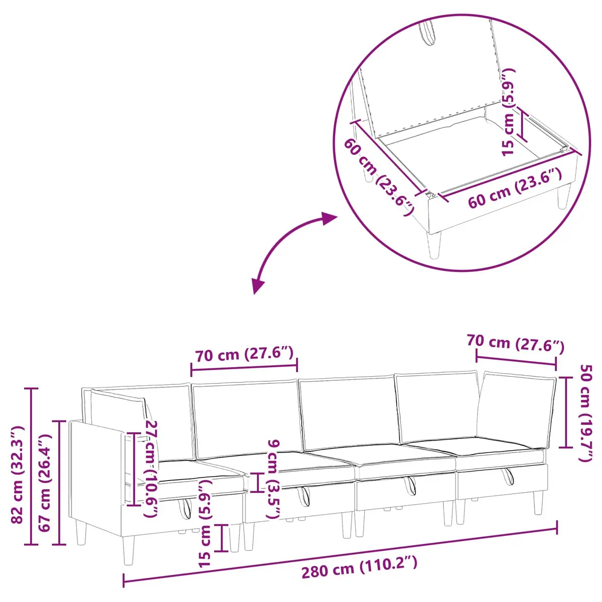 Modular Sofa Set 4 pcs Grey Fabric Storage Living Room Couch Contemporary Design