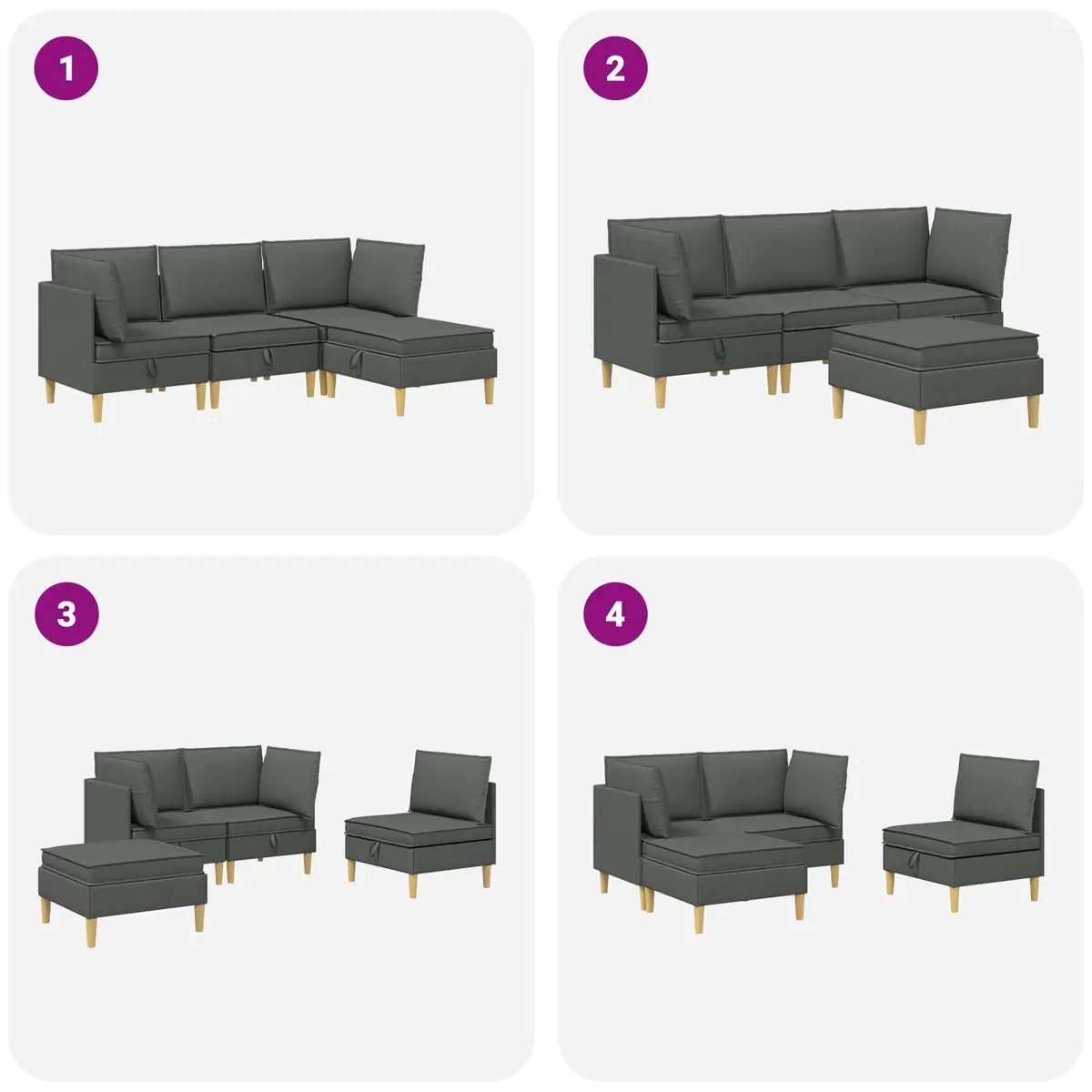 Modular Sofa Set Grey Fabric 4 Piece Living Room Sectional with Storage