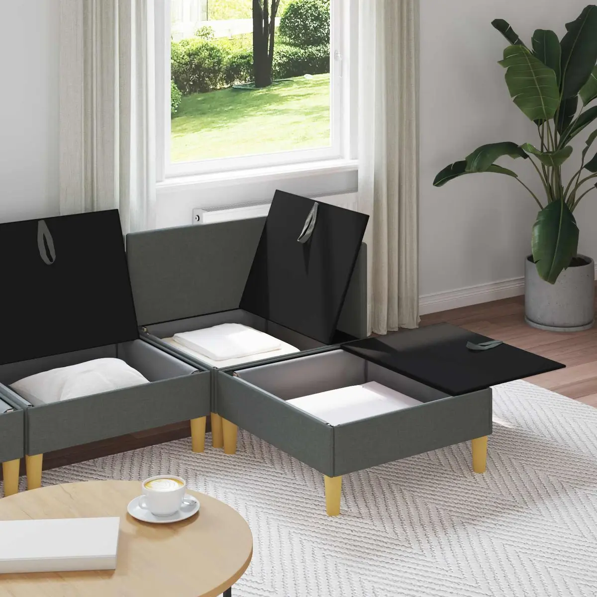 Modular Sofa Set Grey Fabric 4 Piece Living Room Sectional with Storage