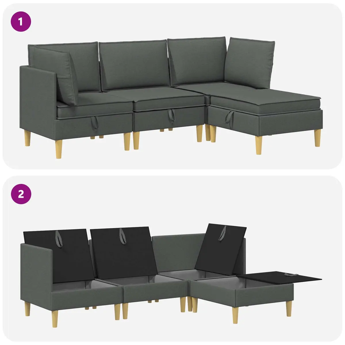 Modular Sofa Set Grey Fabric 4 Piece Living Room Sectional with Storage
