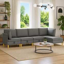 5-Piece Modular Sofa Set with Storage in Grey Fabric