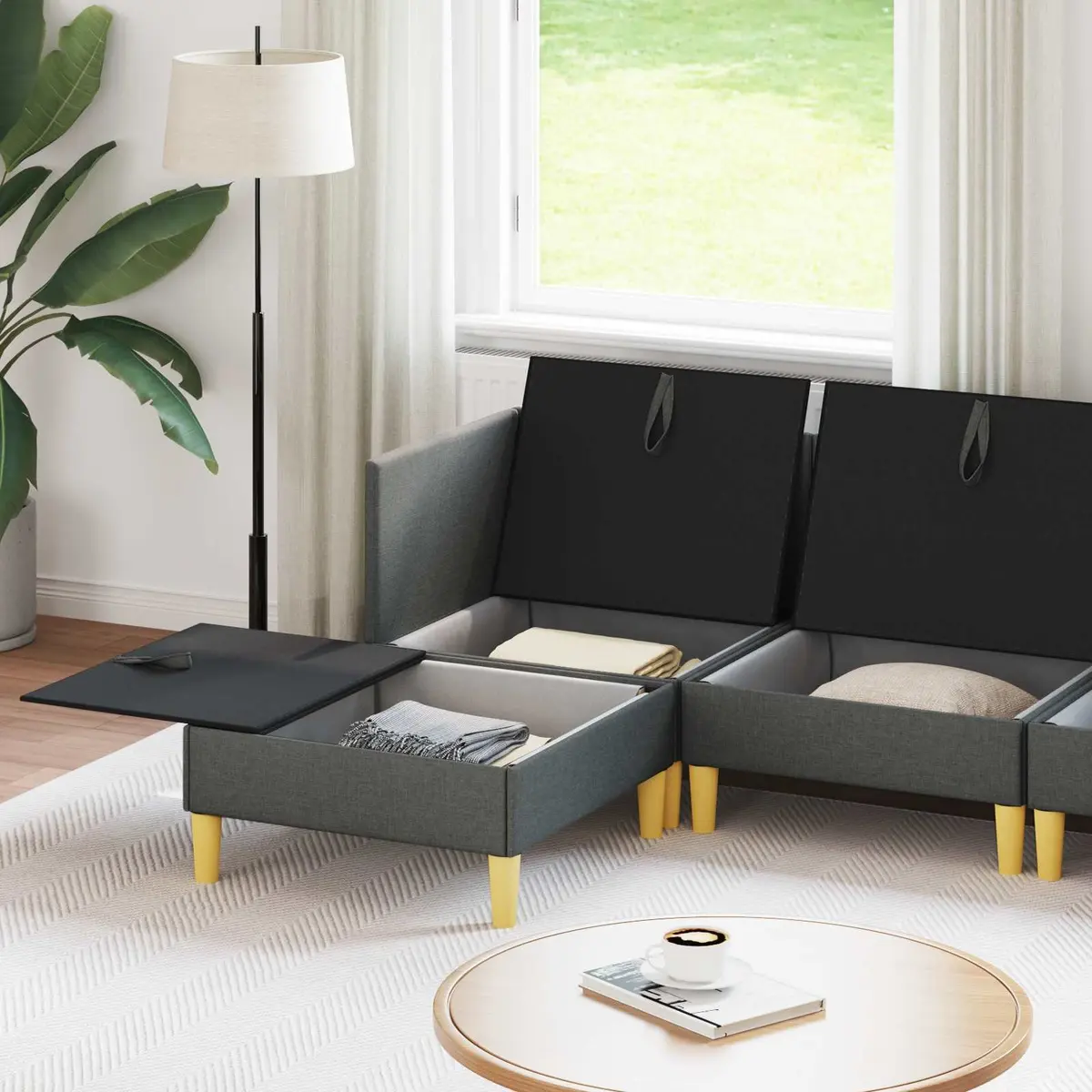 Modular Sofa Set Grey Fabric 5 Pieces with Storage
