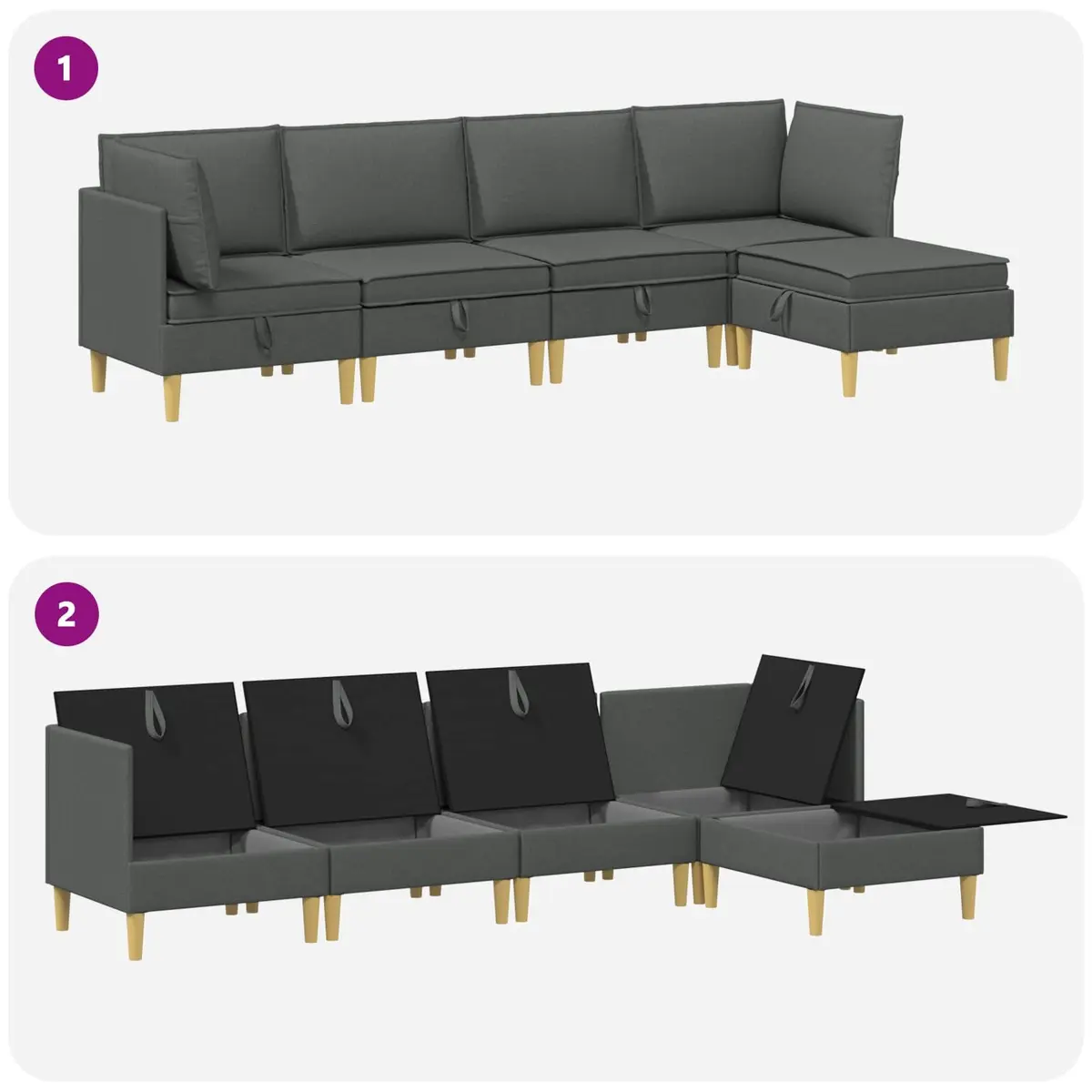 Modular Sofa Set Grey Fabric 5 Pieces with Storage