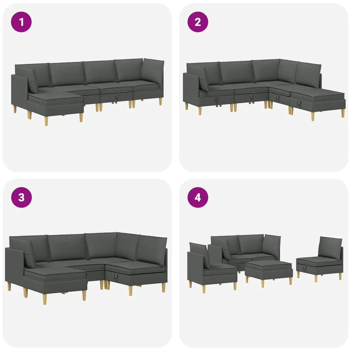 Modular Sofa Set Grey Fabric 5 Pieces with Storage