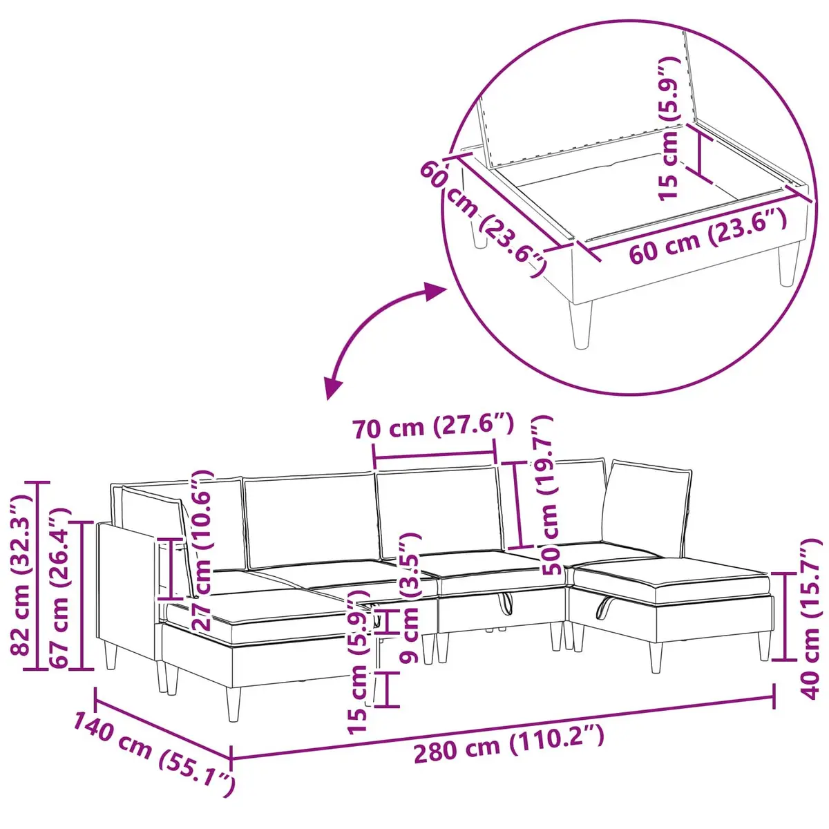 Modular Sofa Set Grey Fabric 6 Pieces Living Room Furniture