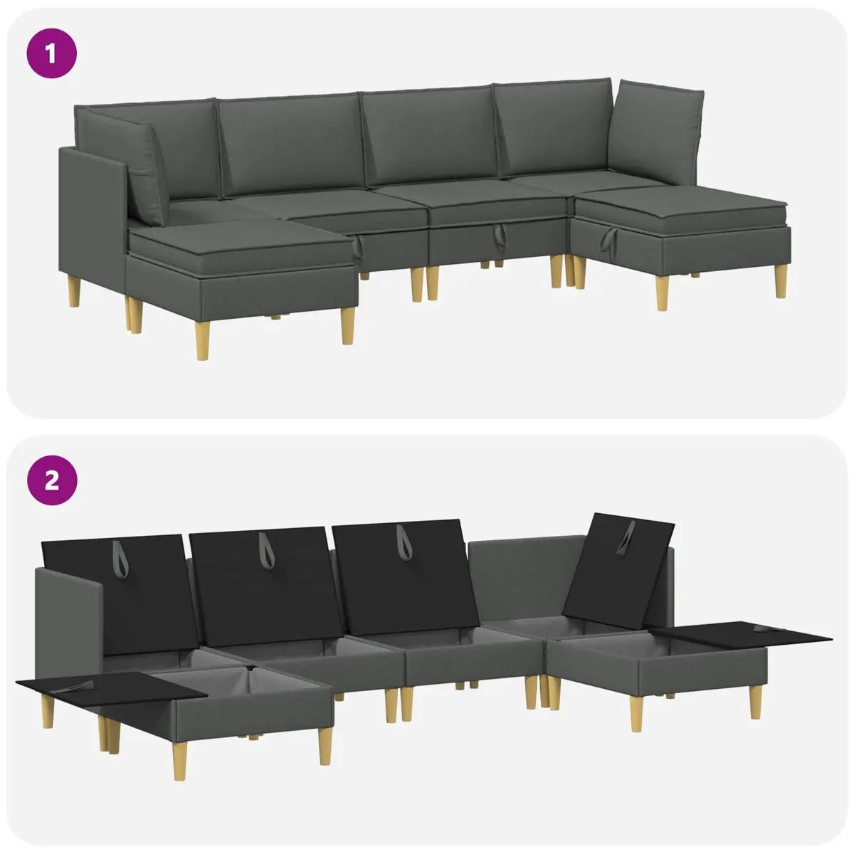 Modular Sofa Set Grey Fabric 6 Pieces Living Room Furniture