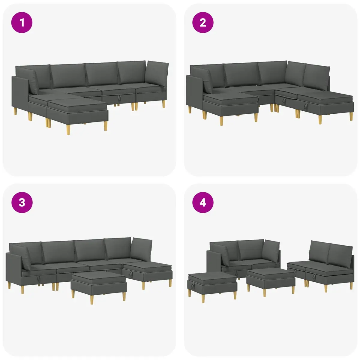 Modular Sofa Set Grey Fabric 6 Pieces Living Room Furniture