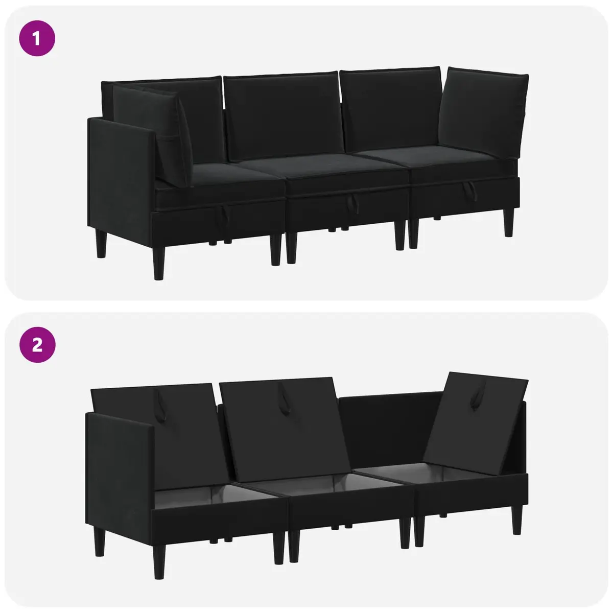 Living Room Furniture Set Modern Black Velvet 3 Piece Cushioned Seating Plywood