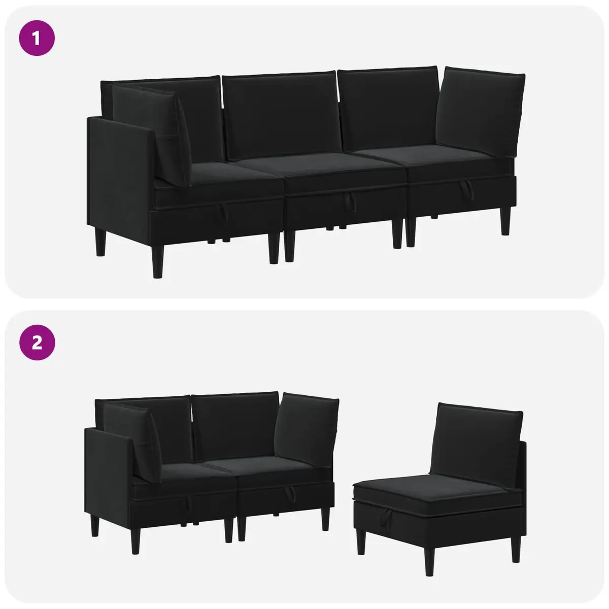 Living Room Furniture Set Modern Black Velvet 3 Piece Cushioned Seating Plywood