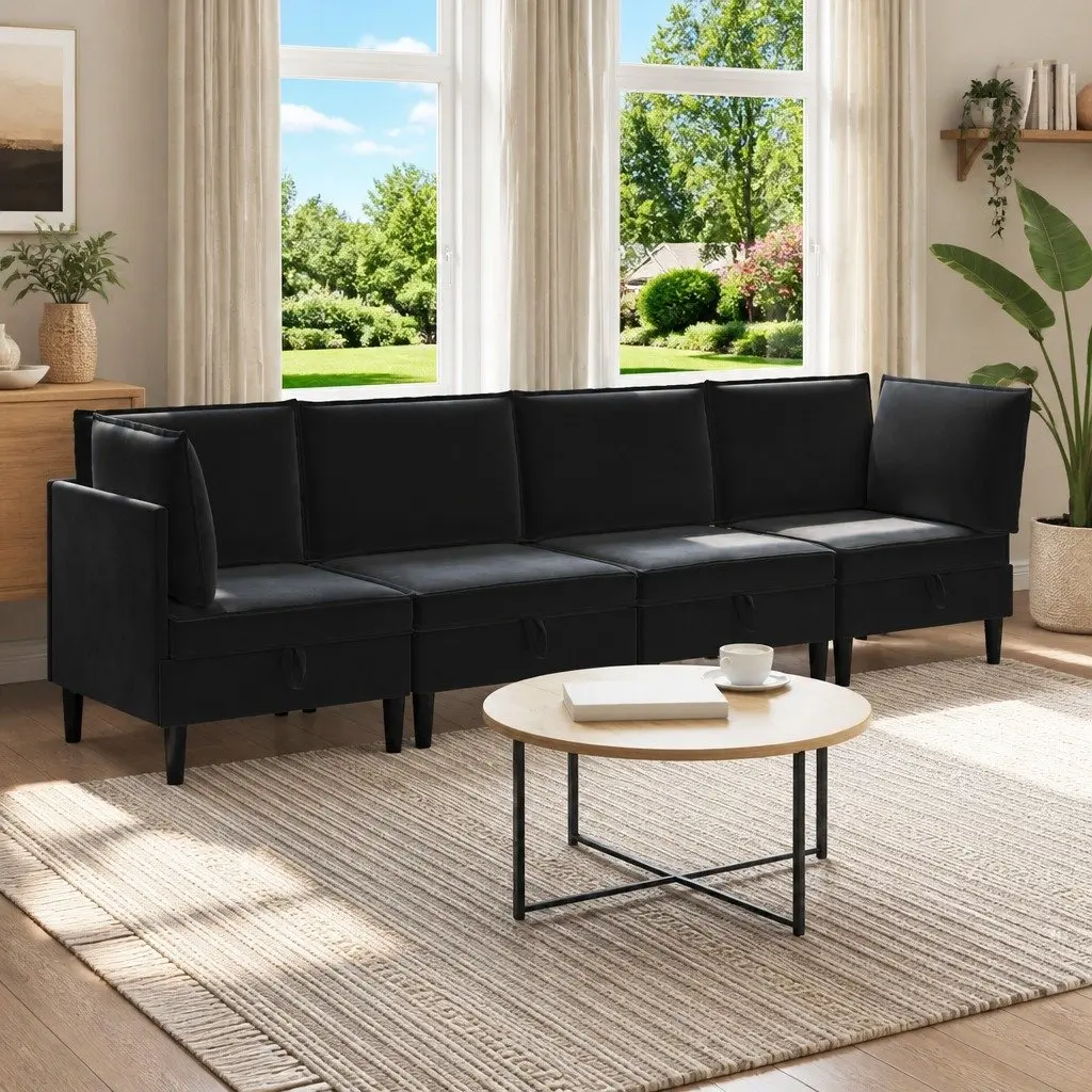 Living Room Furniture Set Modern Minimalist 4 Piece Black Velvet Upholstery Plywood Frame