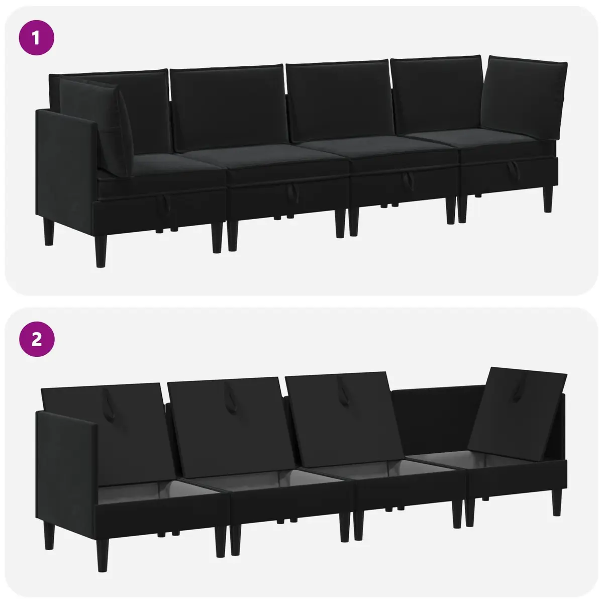 Living Room Furniture Set Modern Minimalist 4 Piece Black Velvet Upholstery Plywood Frame