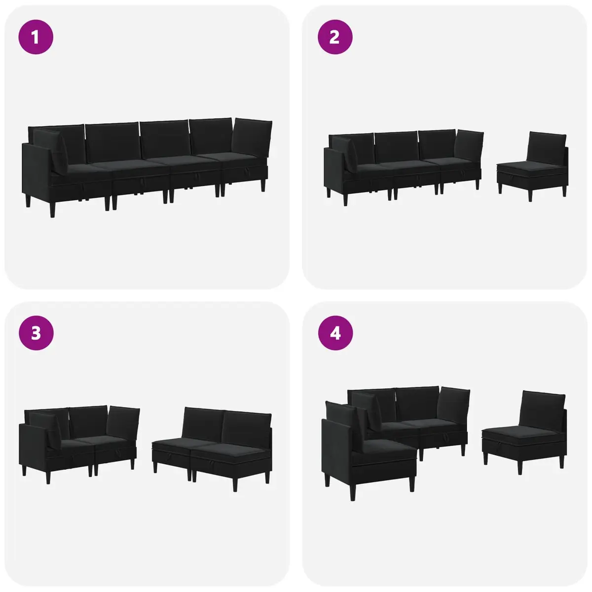 Living Room Furniture Set Modern Minimalist 4 Piece Black Velvet Upholstery Plywood Frame